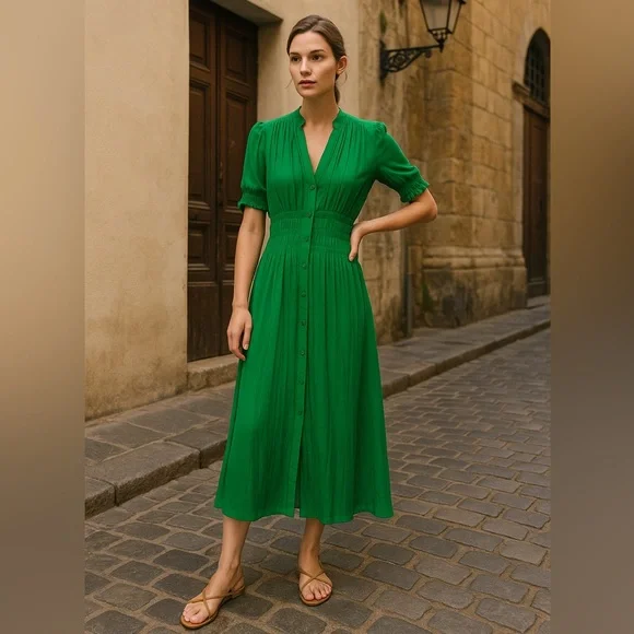 Zara Dresses Zara Kelly Green Pleated Midi Shirt Dress Flowy